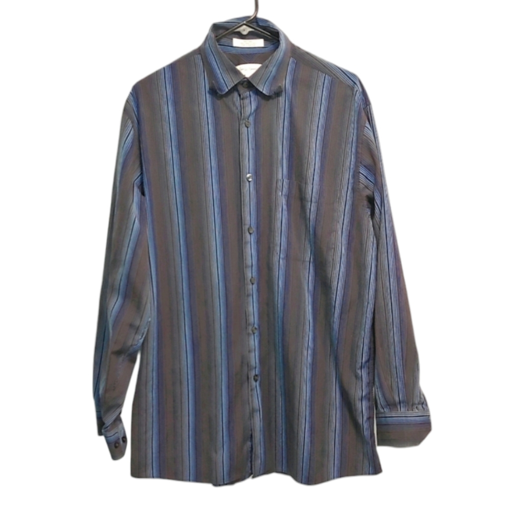 John W. Nordstrom Men's Blue Gray Striped Casual Button Down Shirt Size Large